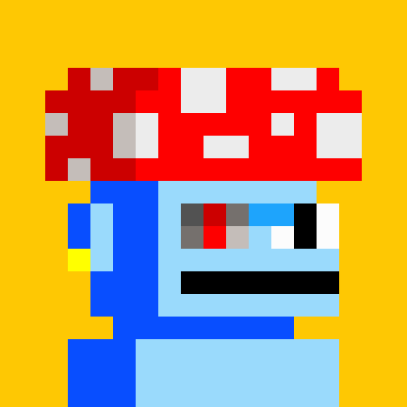 Pixel art of a blue character wearing a red and white mushroom-like hat against a yellow background.