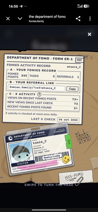 Screenshot from 'the department of fomo' (fomies.family) showing a digital ID card and activity record for user 'tonix_C', displaying 245 points, 5 referrals, and views on recent posts.