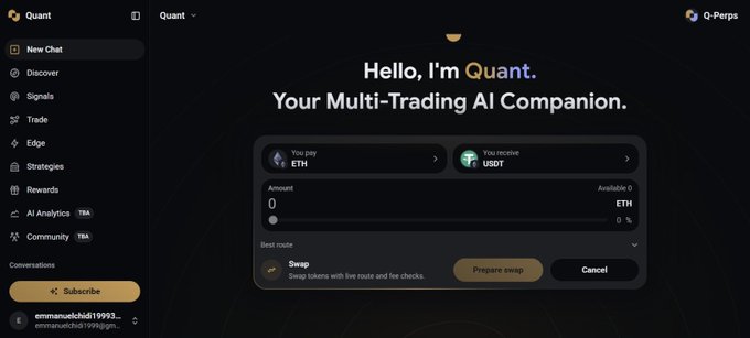 Screenshot of a crypto trading interface called 'Quant' featuring a greeting 'Hello, I'm Quant. Your Multi-Trading AI Companion.' and a swap interface for ETH to USDT with 'Prepare swap' and 'Cancel' buttons.