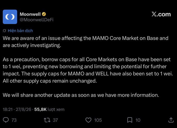 The image shows a tweet from Moonwell (@MoonwellDeFi) acknowledging an issue affecting the MAMO Core Market on Base, stating they are investigating and have set borrow caps to 1 wei as a precaution, with 55.8K views and 105 likes. This directly relates to the reported exploit, showing the protocol's official response confirming awareness of the attack that allowed the attacker to use inflated MAMO tokens as collateral.