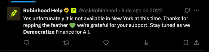 A Robinhood Help (@AskRobinhood) tweet replies "Yes unfortunately it is not available in New York at this time...we're grateful for your support! Stay tuned as we Democratize Finance for All," which fits the post's theme of crypto/DeFi meme sentiment, showing even the trading platform's official support account dodging a question about availability.