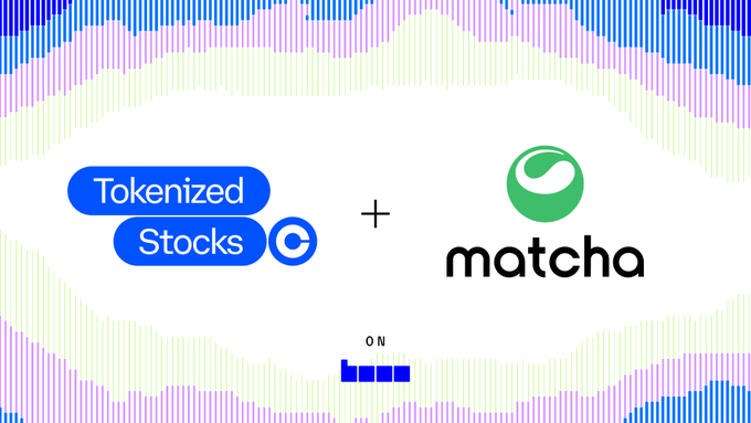 The graphic announces "Tokenized Stocks" by Coinbase (with its "C" logo) joining "+ matcha" on Base, featuring a colorful soundwave-style background and the "ON Base" logo at the bottom. The image visually reinforces the post's message that Matcha is one of the first platforms to offer Coinbase's tokenized stocks for trading on Base from launch day.