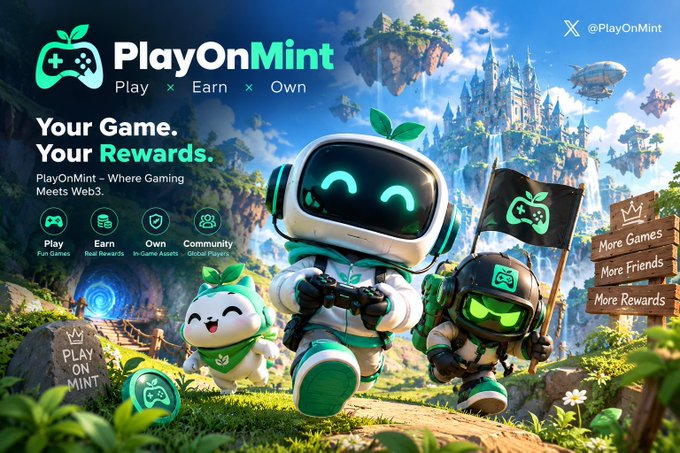 A promotional banner for PlayOnMint (@PlayOnMint) featuring cute robot and mascot characters in a fantasy landscape, with the tagline 'Your Game. Your Rewards.' and notes 'PlayOnMint – Where Gaming Meets Web3.'