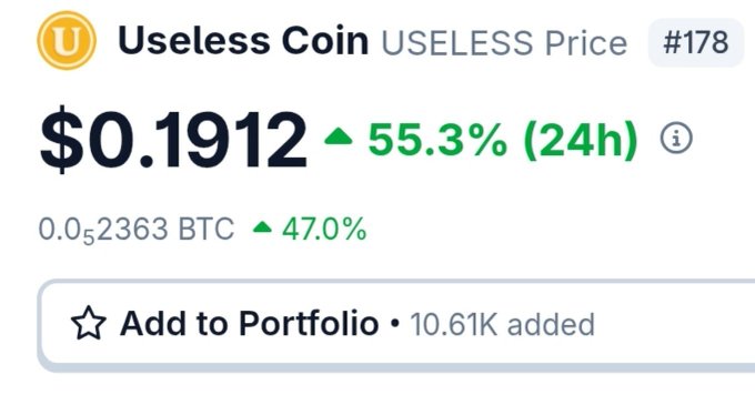 The image displays the price tracker for Useless Coin ($USELESS), ranked #178, currently trading at $0.1912 with a 55.3% gain in the past 24 hours and 0.52363 BTC (up 47.0%). This visual supports the accompanying post celebrating $USELESS reaching a $200M market cap during a mini bull run, highlighting the coin's strong recent price surge.