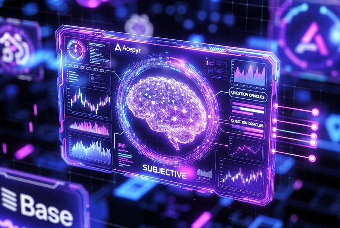 A futuristic, neon-lit digital dashboard displaying a glowing pink brain hologram, featuring charts, graphs, and the labels 'Acepyr', 'SUBJECTIVE', and 'QUESTION ORACLES'.
