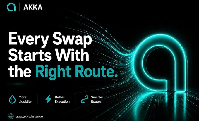 A promotional banner for AKKA finance with the tagline "Every Swap Starts With the Right Route," highlighting features like More Liquidity, Better Execution, and Smarter Routes at app.akka.finance.