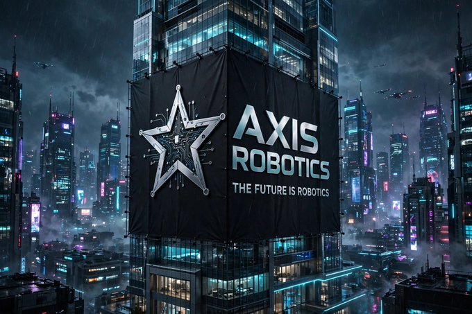 A cyberpunk-style cityscape at night features a massive billboard on a skyscraper displaying the logo 'AXIS ROBOTICS' and the tagline 'THE FUTURE IS ROBOTICS'.