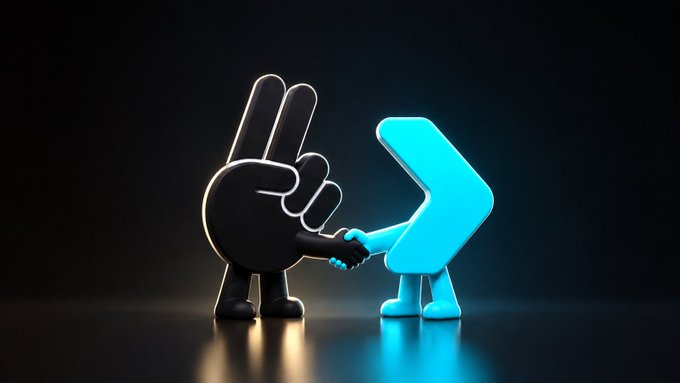 Two animated, glowing hand-shaped characters—one black forming a peace sign and one blue shaped like a chevron—shake hands against a dark background, symbolizing a partnership. This handshake visually represents the collaboration between Bitget Wallet and the Arc ecosystem mentioned in the accompanying post.