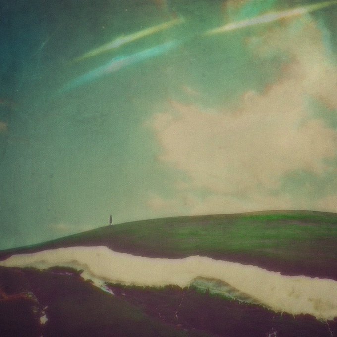 A dreamy, vintage-style landscape painting featuring a lone figure standing on a green hill beneath a sky with swirling teal and white clouds.