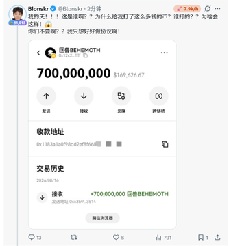 A Chinese social media post by user 'Blonsk' showing a crypto wallet screenshot with a balance of 700,000,000 PEPE tokens (worth $169,626.67) held by '巨婴BEHEMOTH', with text questioning why someone sent such a large amount to their wallet.