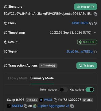 A Solscan transaction page showing a successful swap of 0.995 WSOL ($113.62) for 721.302297 tokens ($108.30) via Jupiter Aggregator.