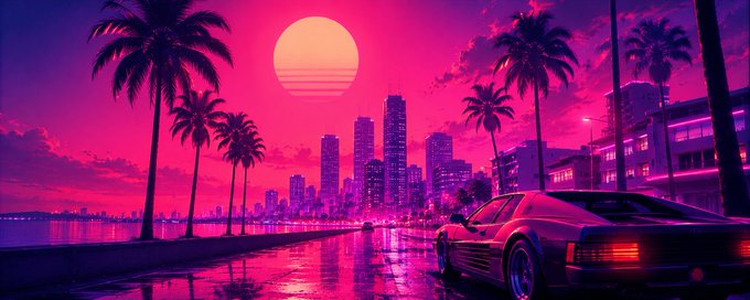 A vibrant synthwave-style illustration showing a retro sports car parked along a wet road with palm trees and a city skyline silhouetted against a large pink sun.