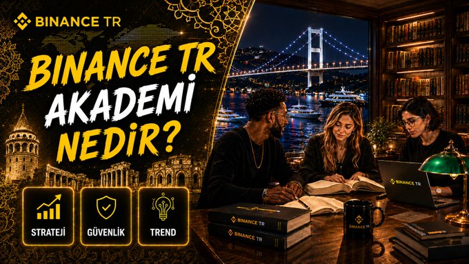 The image is a promotional banner for "Binance TR Akademi" featuring three people studying with books and a laptop at a desk overlooking an illuminated bridge at night, with the Turkish text "BINANCE TR AKADEMİ NEDİR?" prominently displayed alongside icons highlighting "STRATEJİ," "GÜVENLİK," and "TREND."