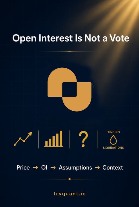 A dark navy graphic with golden light rays features the headline "Open Interest Is Not a Vote" above two interlocking gold shapes resembling a chain link, followed by four icons representing price trend, open interest, assumptions, and a drop labeled "FUNDING LIQUIDATIONS." A flow at the bottom reads "Price → OI → Assumptions → Context," credited to tryquant.io, visually reinforcing the post's message that rising open interest reflects increased market positioning rather than a bullish vote, since every contract has both long and short sides.