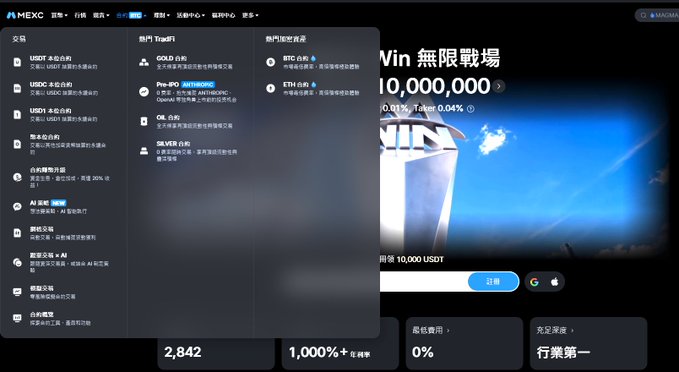 The image shows the MEXC cryptocurrency exchange website displaying a "Win 10,000,000 USDT" promotional banner, with a navigation dropdown menu highlighting trading options for popular crypto concept stocks like COIN, HOOD, MSTR, and BTC.

The image relates to the post by showcasing MEXC's trading platform where investors can access crypto-related stocks such as COIN and HOOD, illustrating how these assets are traded alongside cryptocurrencies like BTC despite their often uncorrelated price movements.