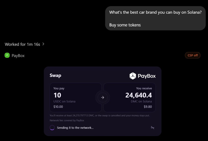 A screenshot of a PayBox swap interface on Solana shows an exchange of $10 USDC for 24,270.797113 DMC tokens ($9.80), humorously suggesting that "DMC" (the ticker symbol for DeLorean Motor Company) is the "best car brand" you can buy on Solana.