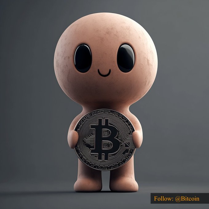 A cute, round cartoon character with a smiling face and large black eyes holds a large Bitcoin coin against a gray background, with a watermark reading "Follow: @Bitcoin" in the bottom right corner. The image ties into the crypto-focused post requesting ratings for various blockchain projects (Fetch.ai, SeiNetwork, PythNetwork, and Starknet), using the iconic Bitcoin mascot to emphasize the cryptocurrency theme.
