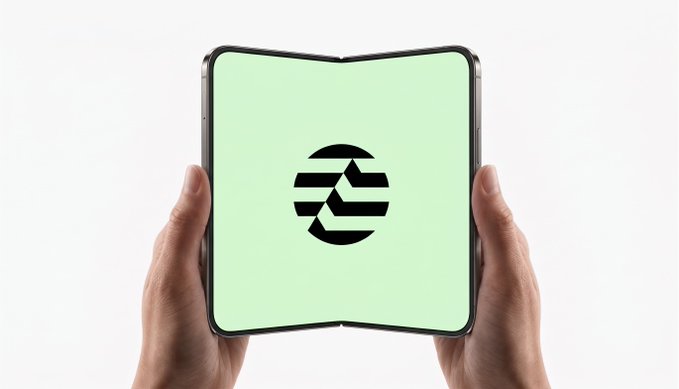 Two hands hold a partially unfolded foldable smartphone, its screen displaying a stylized circular logo on a pale green background, visually echoing the "parallel design" theme through the device's symmetric, book-like fold.