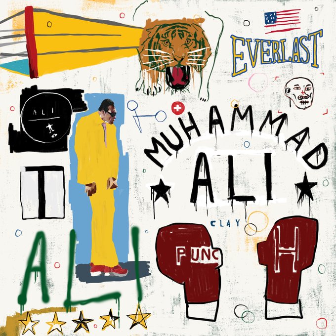 A colorful pop-art style illustration featuring Muhammad Ali, with text reading 'EVERLAST', 'MUHAMMAD ALI', 'CLAY', 'PUNCH', 'ALI', and 'H', alongside a tiger and boxing gloves.