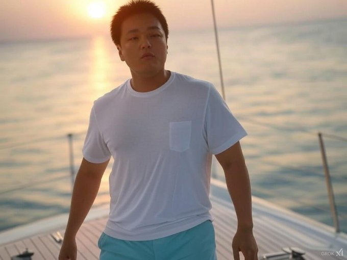 A man in a white t-shirt and teal shorts stands on a boat deck at sunset, wearing a calm, confident expression that suggests impending freedom. The image visually mirrors the post's anticipation of Do Kwon's pardon and the return of a "Terra season," as the figure's relaxed stance against the open sea symbolizes liberation and a new chapter ahead.