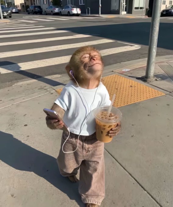 A photograph of a small monkey wearing a white shirt and tan shorts, standing on a sidewalk holding a smartphone and an iced coffee drink while wearing earphones.