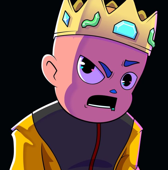A digital illustration of a character wearing a golden crown with blue and green gems, displaying a purple face with large expressive eyes and an open mouth against a black background.