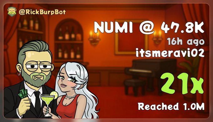 The image shows a cartoon-style trading achievement card from @RickBurpBot featuring a bearded man and a white-haired woman in a lounge atmosphere. Key text displayed includes "NUMI @ 47.8K" with "21x Reached 1.0M" and user "itsmeravi02," which directly corresponds to the poster's claim of achieving a 21x gain on their first call through the Xeer community.