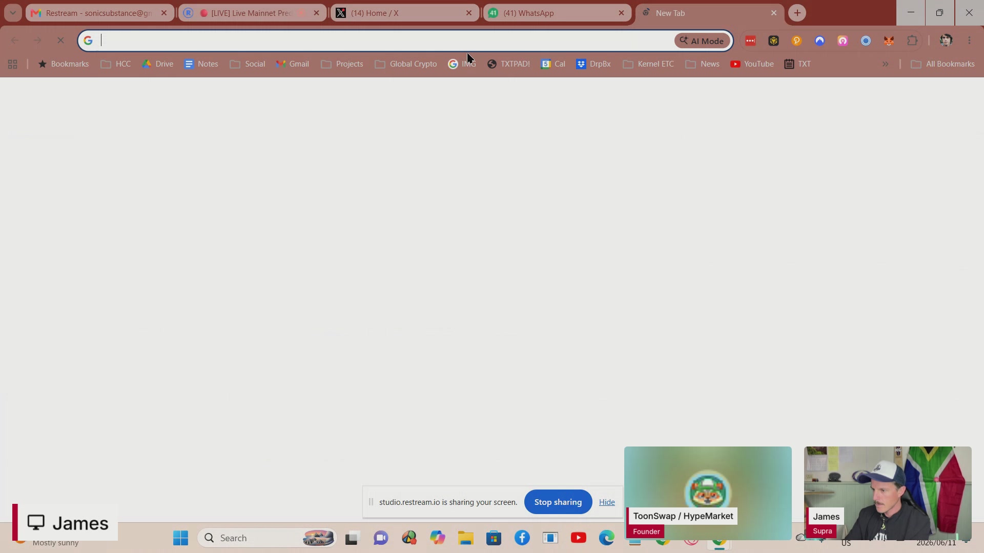 The image shows a computer screen displaying a website called "Live Mainnet Prediction Markets". The background of the image is white, with a red border around the edges. On the right side of the image, there are two people sitting at a table, one person wearing a hat and another person wearing glasses. They appear to be watching something on the computer screen or engaged in an online conversation.