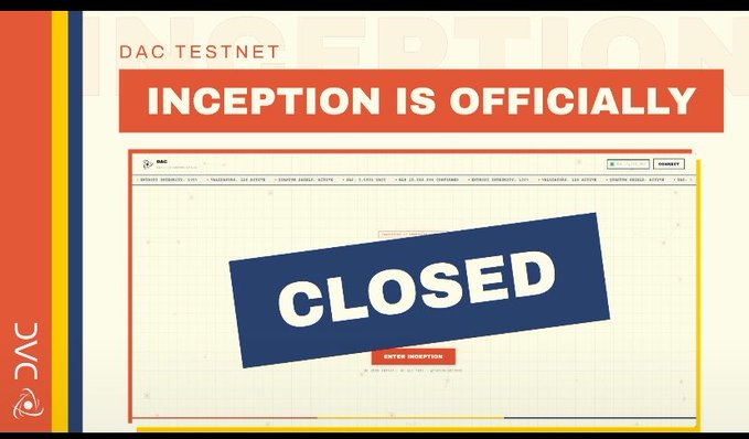 An announcement graphic with text 'DAC TESTNET INCEPTION IS OFFICIALLY CLOSED' featuring a stylized webpage background with the DAC logo.