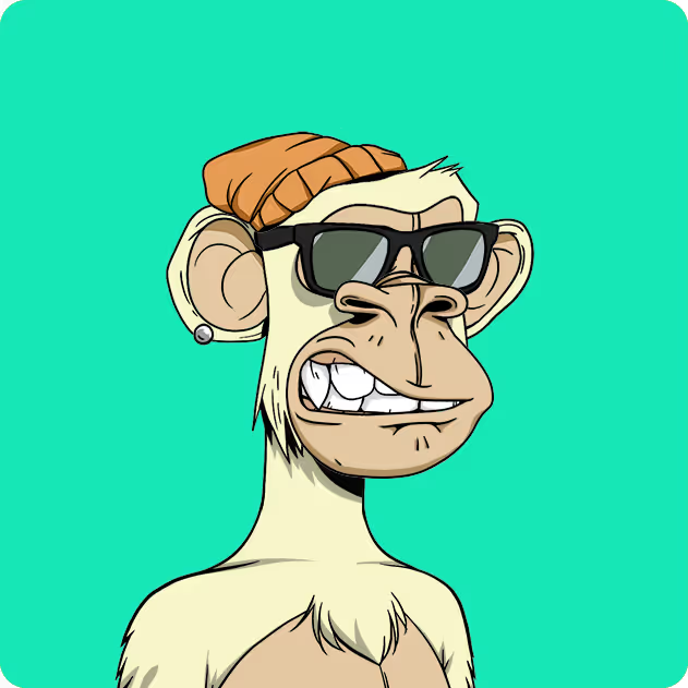 A cartoon illustration of a Bored Ape-style NFT character with a tan beanie, sunglasses, and a grumpy expression, set against a bright green background.