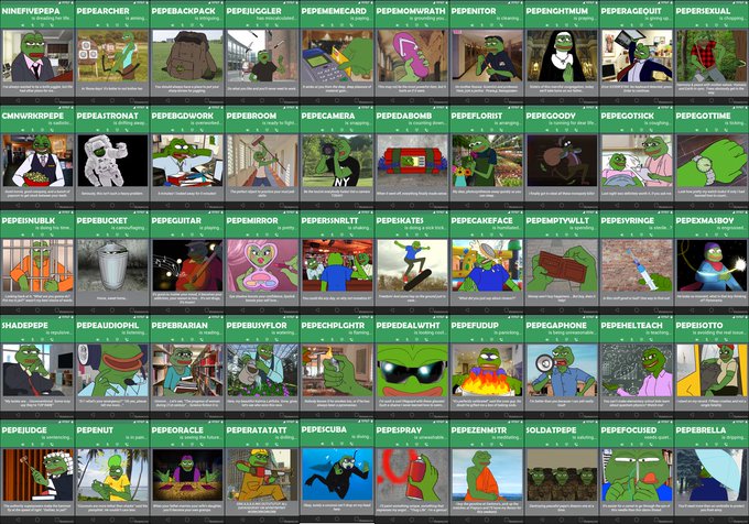 Grid of 50 cryptocurrency meme tokens featuring the Pepe the Frog character, with names like PEPE, PEPEMEMCARD, PEPECOIN, PEPELORD, and PEPEBONK shown in each tile.