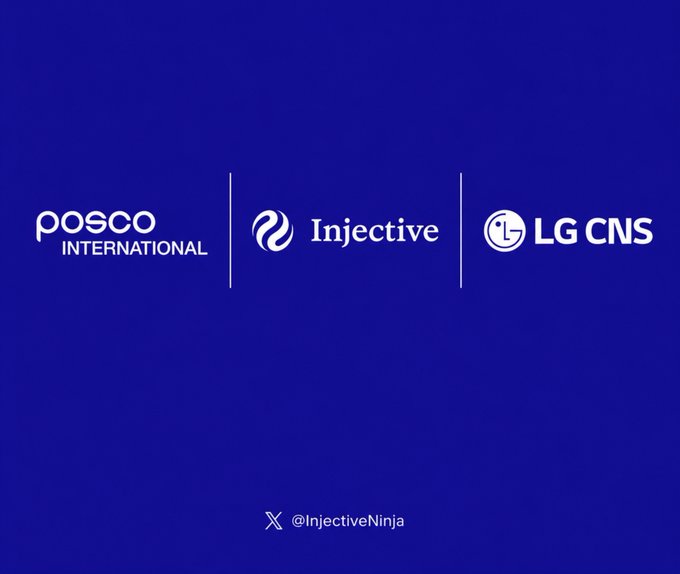 A blue promotional graphic displaying three logos: 'POSCO INTERNATIONAL', 'Injective', and 'LG CNS', with the Twitter handle '@InjectiveNinja' at the bottom.