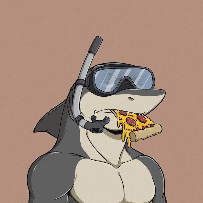An illustration of a muscular anthropomorphic shark wearing a scuba diving mask and snorkel, eating a slice of pepperoni pizza against a tan background.