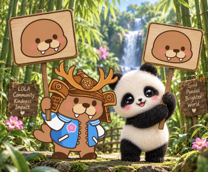 An illustrated scene shows a cartoon beaver character in a samurai-style outfit standing next to a fluffy panda in a bamboo forest, with signs reading 'LOLA Community Kindness Impact' and 'Good Pandas Brighter World'.