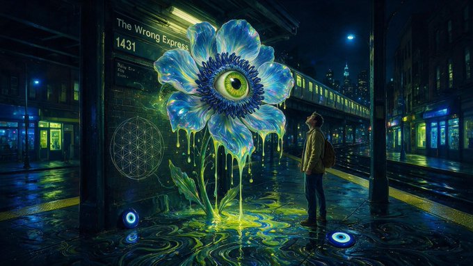 A surreal digital artwork depicting a man standing on a wet subway platform at night, gazing at a large, glowing blue flower with a realistic green eye at its center, labeled "The Wrong Express 1431."