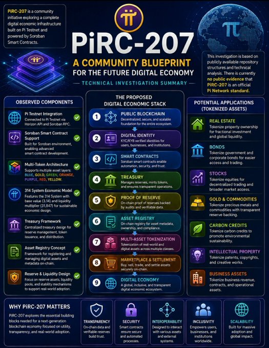 An infographic titled 'PiRC-207: A Community Blueprint for the Future Digital Economy' outlines a technical investment summary, detailing observed components like Pi Testnet Integration and Soroban Smart Contracts, a proposed digital economic stack, and tokenized asset applications.
