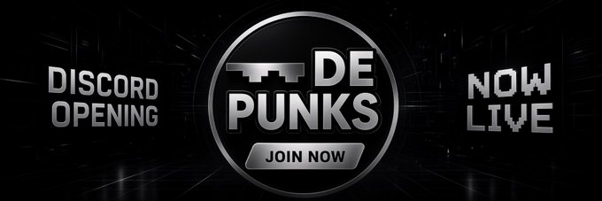 A promotional banner with a metallic silver and black aesthetic announcing 'DISCORD OPENING', 'DE PUNKS', and 'NOW LIVE' with a 'JOIN NOW' button.