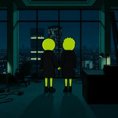 A dark, atmospheric illustration of two silhouetted figures in suits with bright glowing yellow heads and hands, standing side-by-side in an office overlooking a nighttime city skyline.