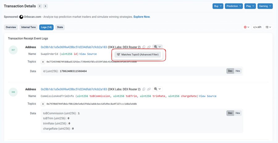 A blockchain transaction details page on Etherscan showing the "Logs" tab with two event logs from address 0x28b1dc1a5e3699a428bc51d234d1ab7c9cb2a183 (OKX Labs: DEX Router 2), highlighting the "Matches Topic0 (Advanced Filter)" feature used to filter transaction logs by topic signatures such as SwapOrderId (0x7724394874fdd8ad13292ec739b481f85c6559f10dc4147888cb0d23d0955080) and CommissionAndTrimInfo (0x7978b0744fd8ccf0b12b05e0a5f4da3ab8cbcc6d5d9ec8a4f327cc1d8a5eb8b).