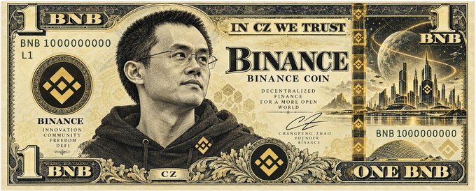 A stylized banknote-style illustration depicts Binance founder Changpeng Zhao (labeled "CZ") wearing glasses and a hoodie, with "BINANCE COIN," "BNB 1000000000," "IN CZ WE TRUST," and "DECENTRALIZED FINANCE FOR A WORLD OPEN WORLD" printed across the design. The post's repeated "Never sell your $BNB" mantra mirrors the currency-style artwork, urging holders to keep their BNB tokens rather than cash out.