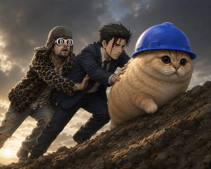 A disheveled man with Bitcoin-themed glasses pushes a man in a suit alongside a determined orange cat wearing a blue hard hat as they climb a rugged hill, symbolizing the relentless push and belief behind the $BASECAT movement.