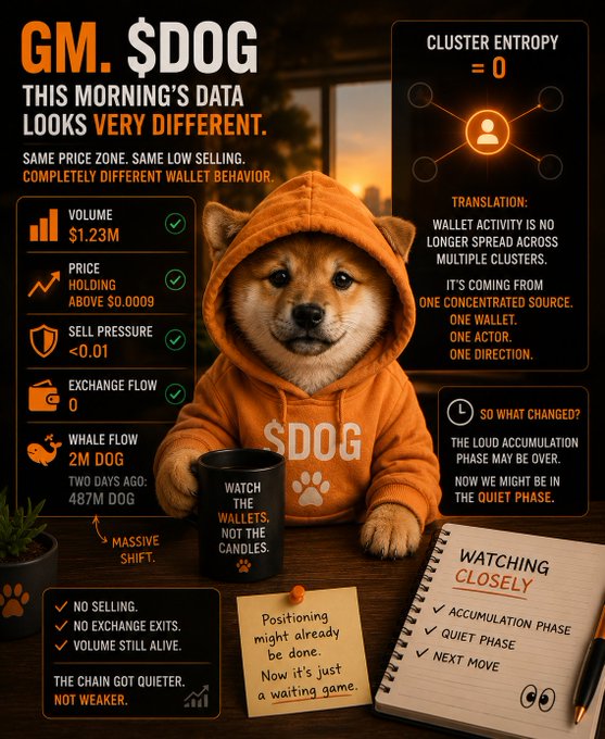The image features a brown dog wearing an orange hoodie sitting at a desk with a notebook and pen next to it. The background of the image shows a window overlooking a city skyline. The caption for the image reads "$Dog on @CoinMarketTok, share it."
