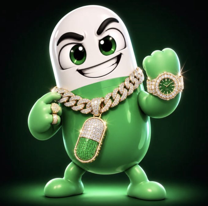 A cartoonish green and white pill-shaped character with an exaggerated grin flexes while wearing an oversized diamond-encrusted Cuban link necklace with a "PUMP" dog tag pendant, a flashy watch, and rings—visually capturing the hype and luxurious "going crazy" energy behind the $PUMP token pump.