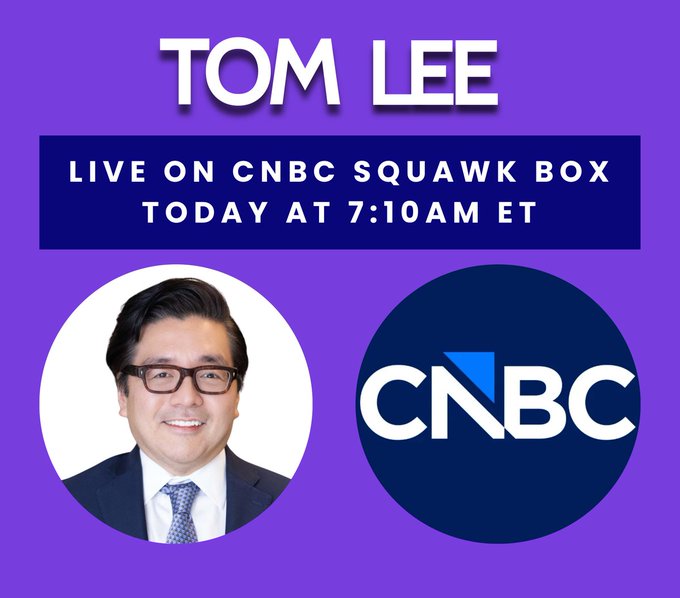 The image features a man wearing glasses, standing against a purple background with white text. The man appears to be smiling for the camera while posing for the photo. Below him, there are two circles - one containing the words "CNBC" written in blue letters and another circle with the words "CNBC Squawk Box" written in white letters. These circles likely represent the names of the TV show or news segment being discussed on the post.