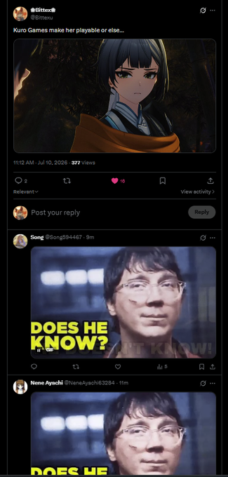 A screenshot of an X (Twitter) thread showing a post by @Blitzo that says "Kuro Games make her playable or else..." with an anime character image, followed by replies featuring a meme of Hideo Kojima with the text "DOES HE KNOW?" suggesting users are speculating about a collaboration between Kuro Games and Kojima.