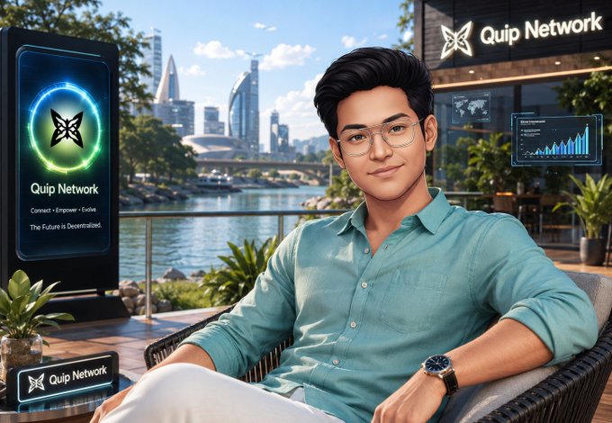 A stylized portrait of a man in a teal shirt with 'Quip Network' branding, including a phone display showing the Quip Network logo and the tagline 'Connect, Empower, Evolve. The Future is Decentralized.'