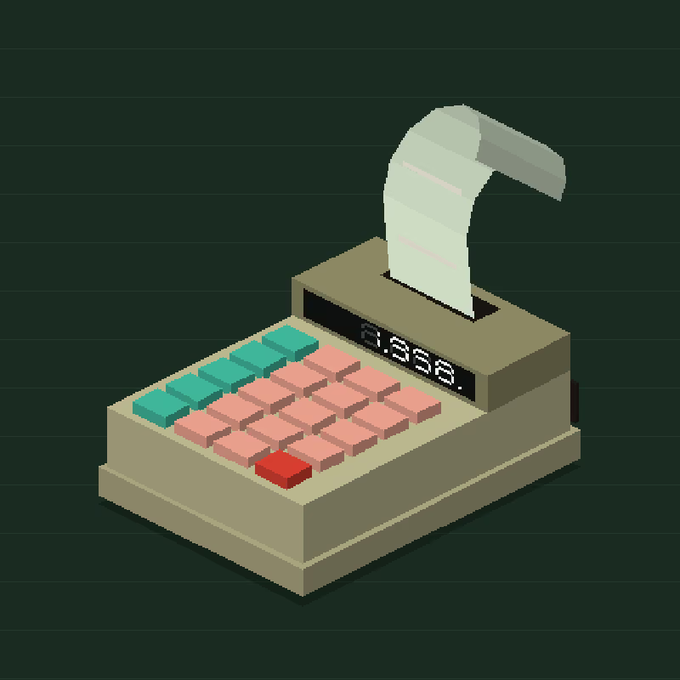 An isometric pixel art rendering of a vintage cash register with a receipt printer, a display showing "8888," and a keypad featuring teal, pink, and red buttons against a dark green background.

The "T4" post likely references the four rows of colored buttons on the keypad, or possibly a tier designation, but the connection is loose—suggesting it may simply tag this as the fourth item in a themed collection.