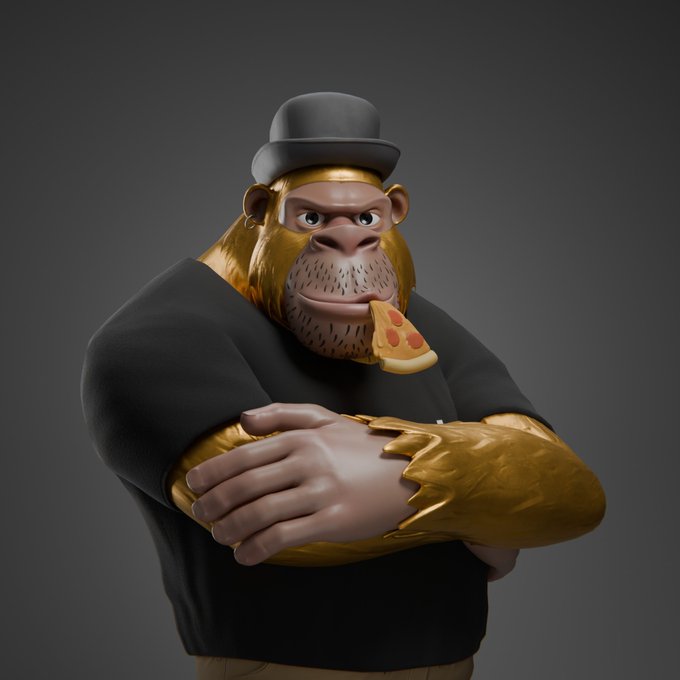 A 3D render of an anthropomorphic golden gorilla wearing a black bowler hat and black t-shirt, holding a slice of pizza in its mouth with arms crossed.