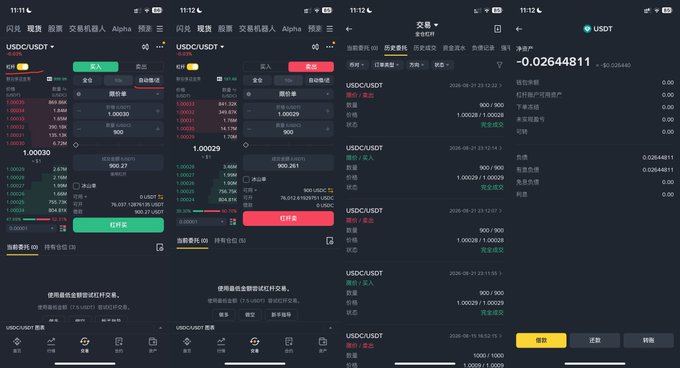 Four screenshots of a cryptocurrency trading app on a mobile device, displaying USDC/USDT trading pairs with prices around 1.00030 and a profit of approximately -0.02644811 USDT.