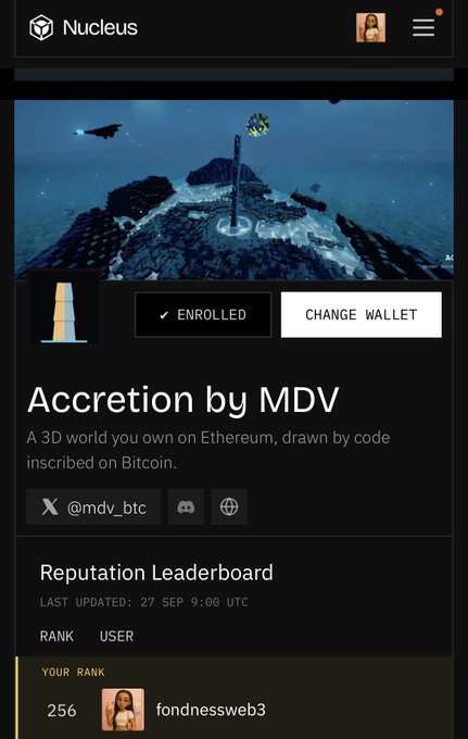 A screenshot of the "Nucleus" platform showing the "Accretion by MDV" 3D world on Ethereum, with a Reputation Leaderboard displaying the user "fondnessweb3" ranked #256.